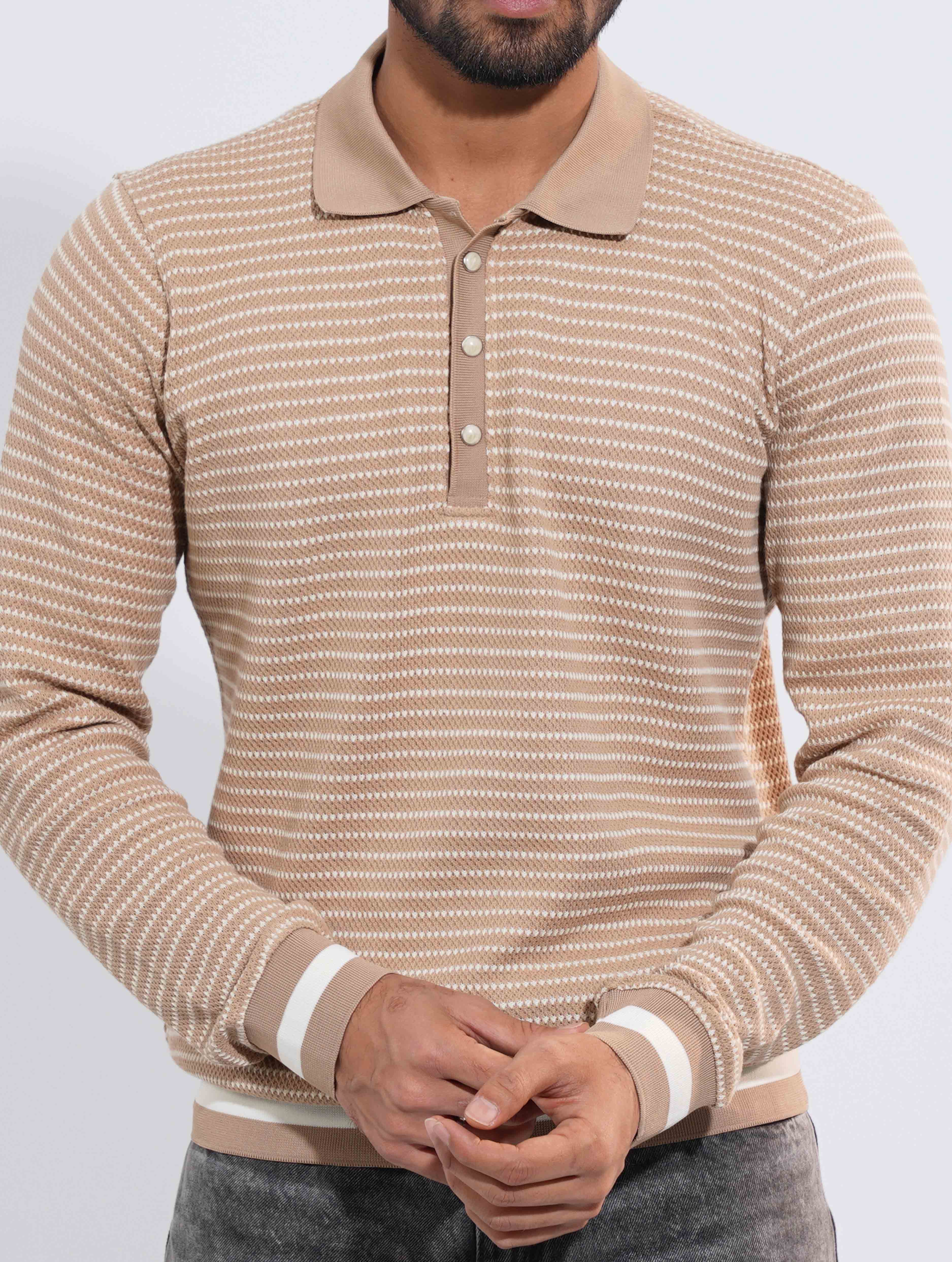 Beige Stripe Premium Full Sleeve Polo