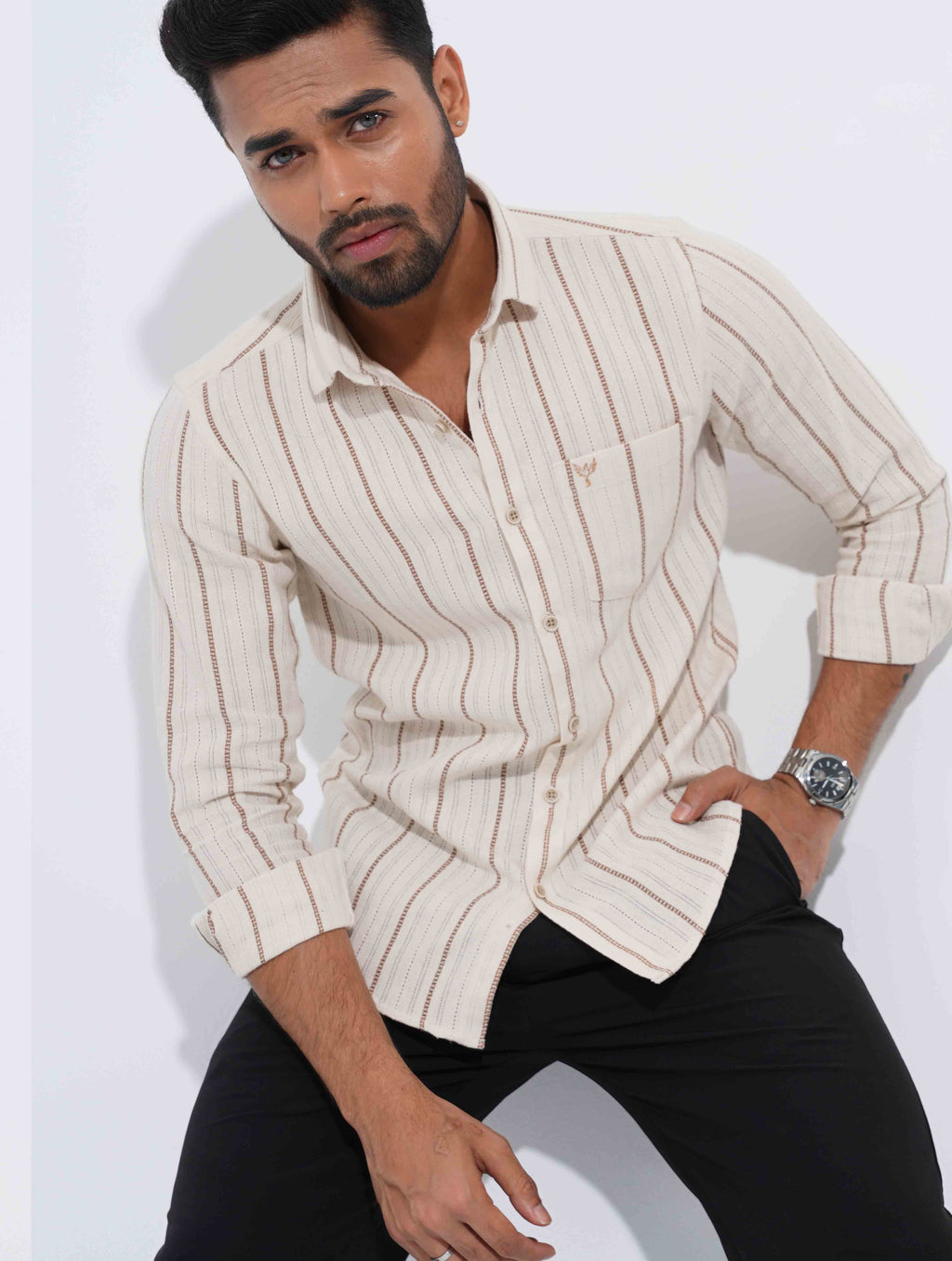 Cream Brown stripe remi cotton full sleeve