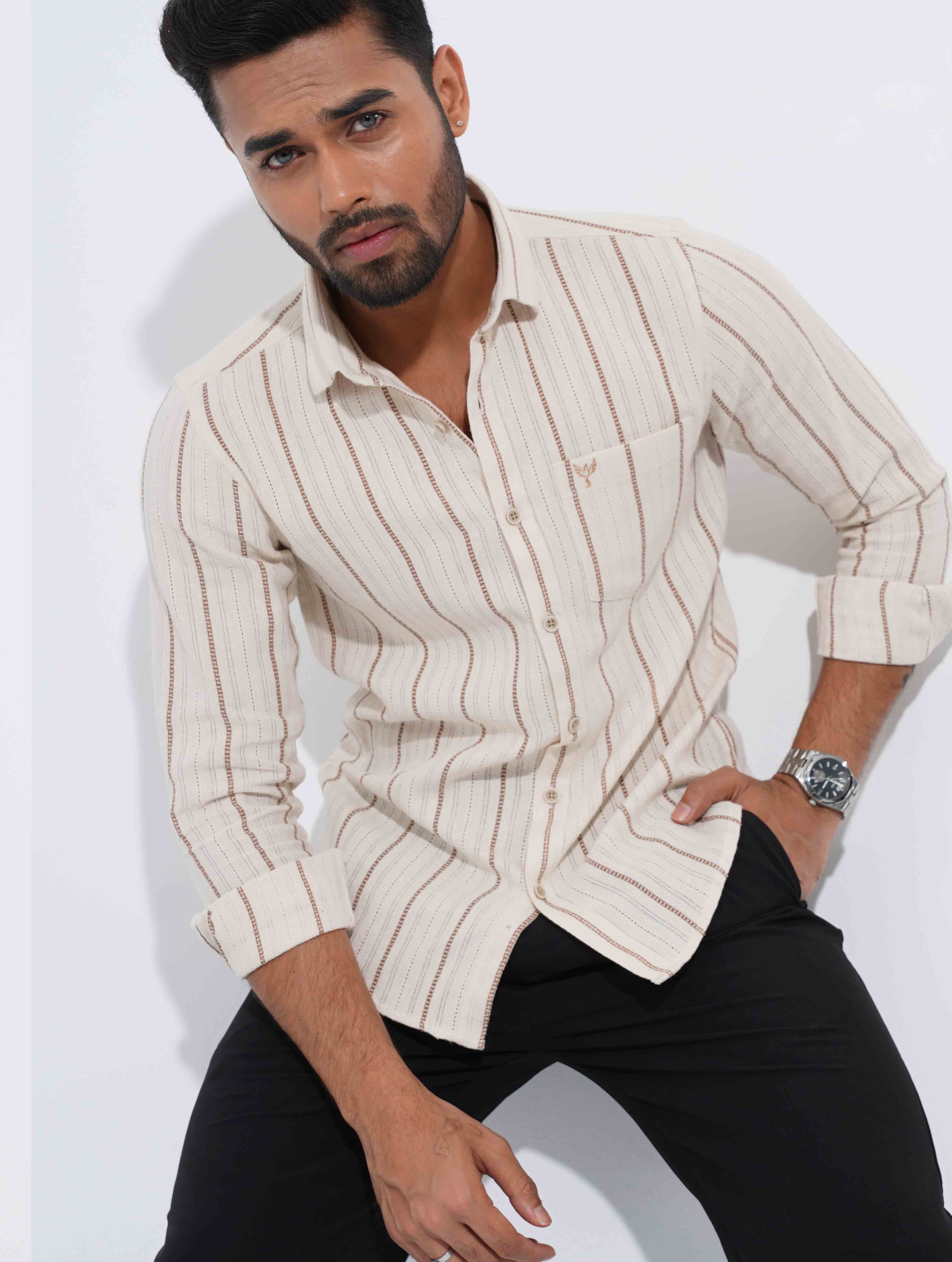 Cream Brown stripe remi cotton full sleeve