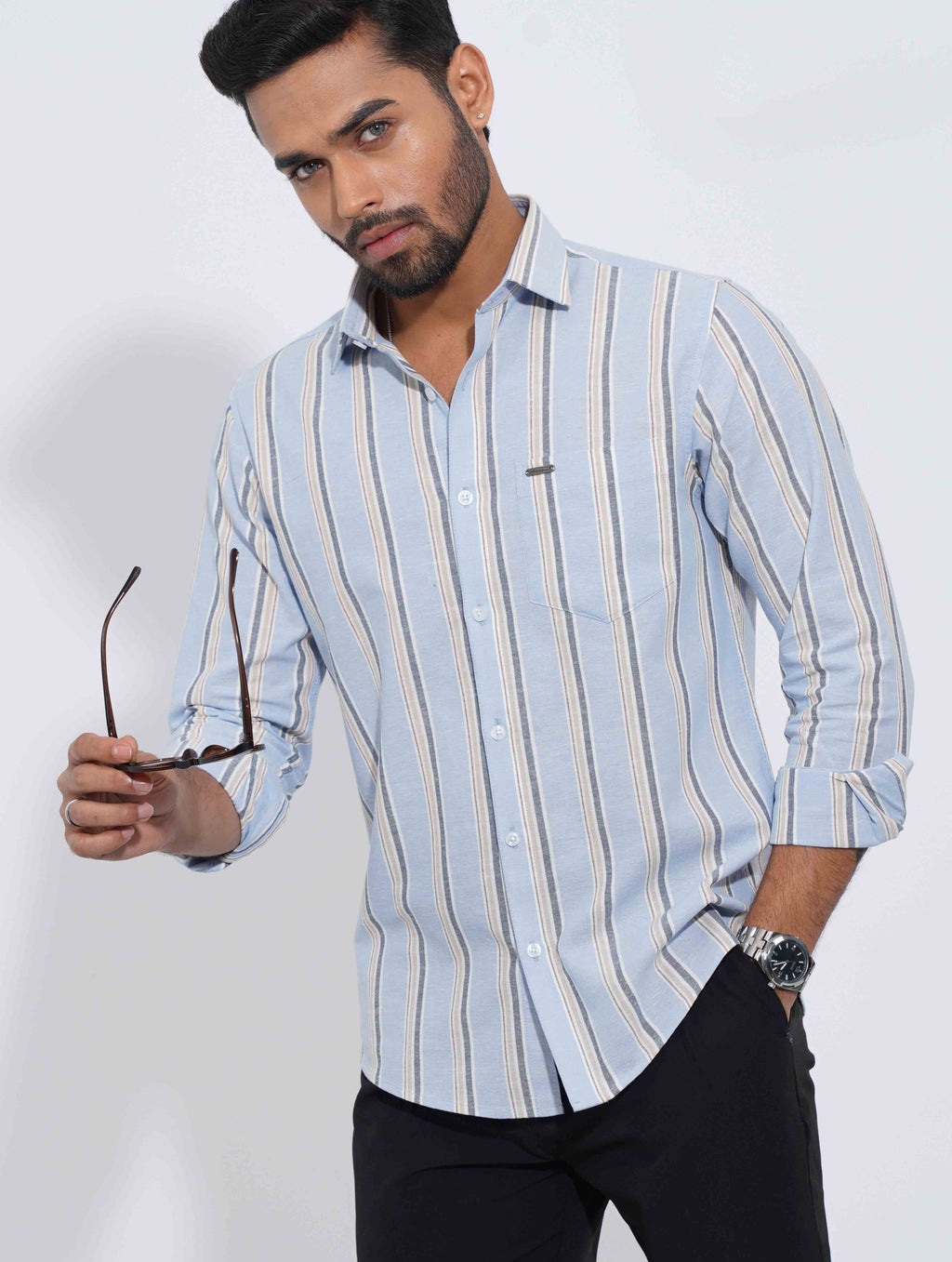 Sky Cream stripe remi cotton full sleeve