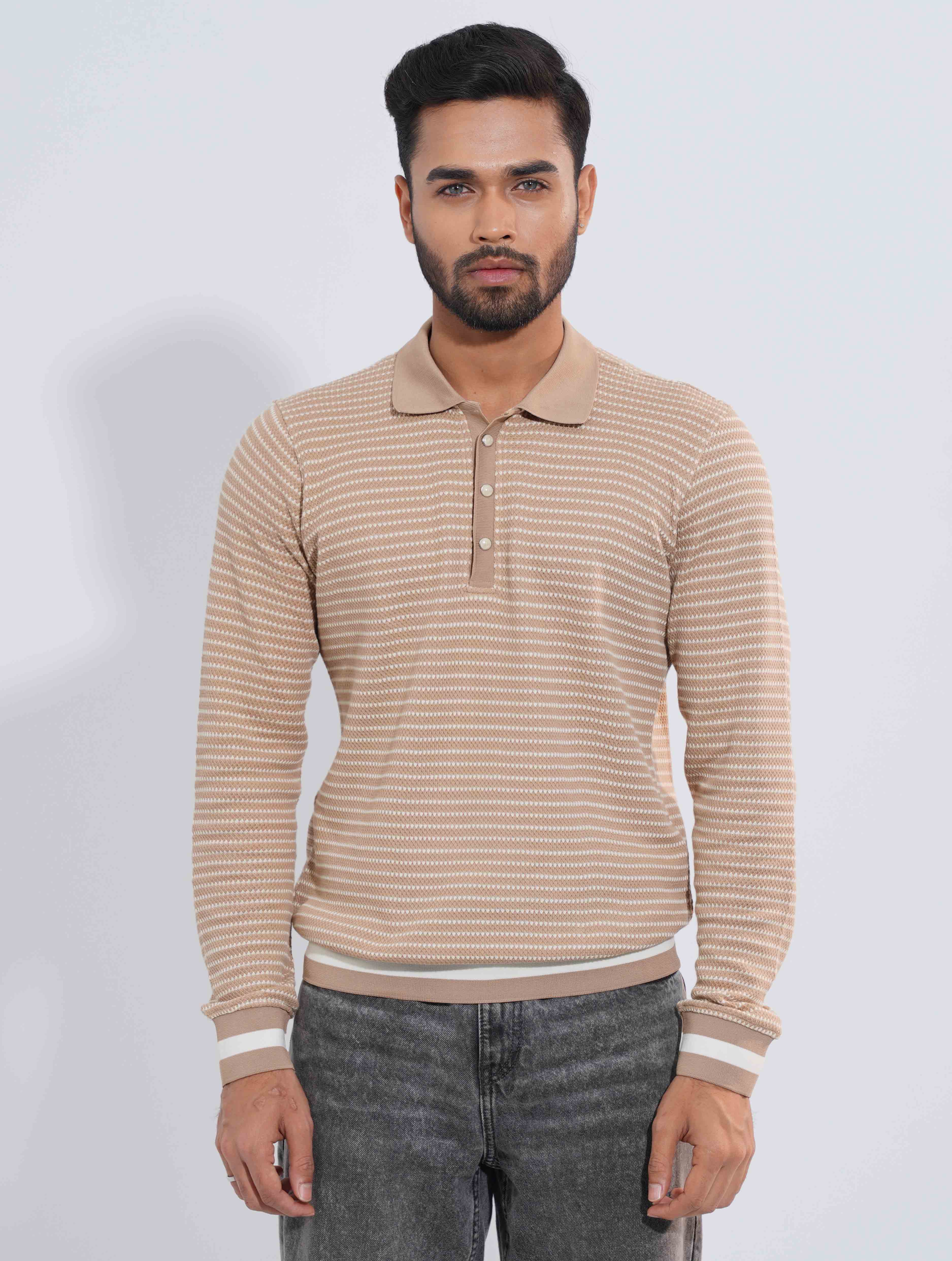 Beige Stripe Premium Full Sleeve Polo