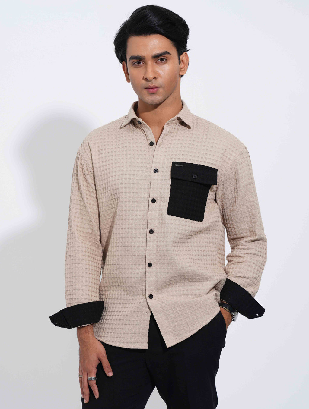 Light beige - Black Hand and pocket Contrast Waffle Fabric Full Sleeve
