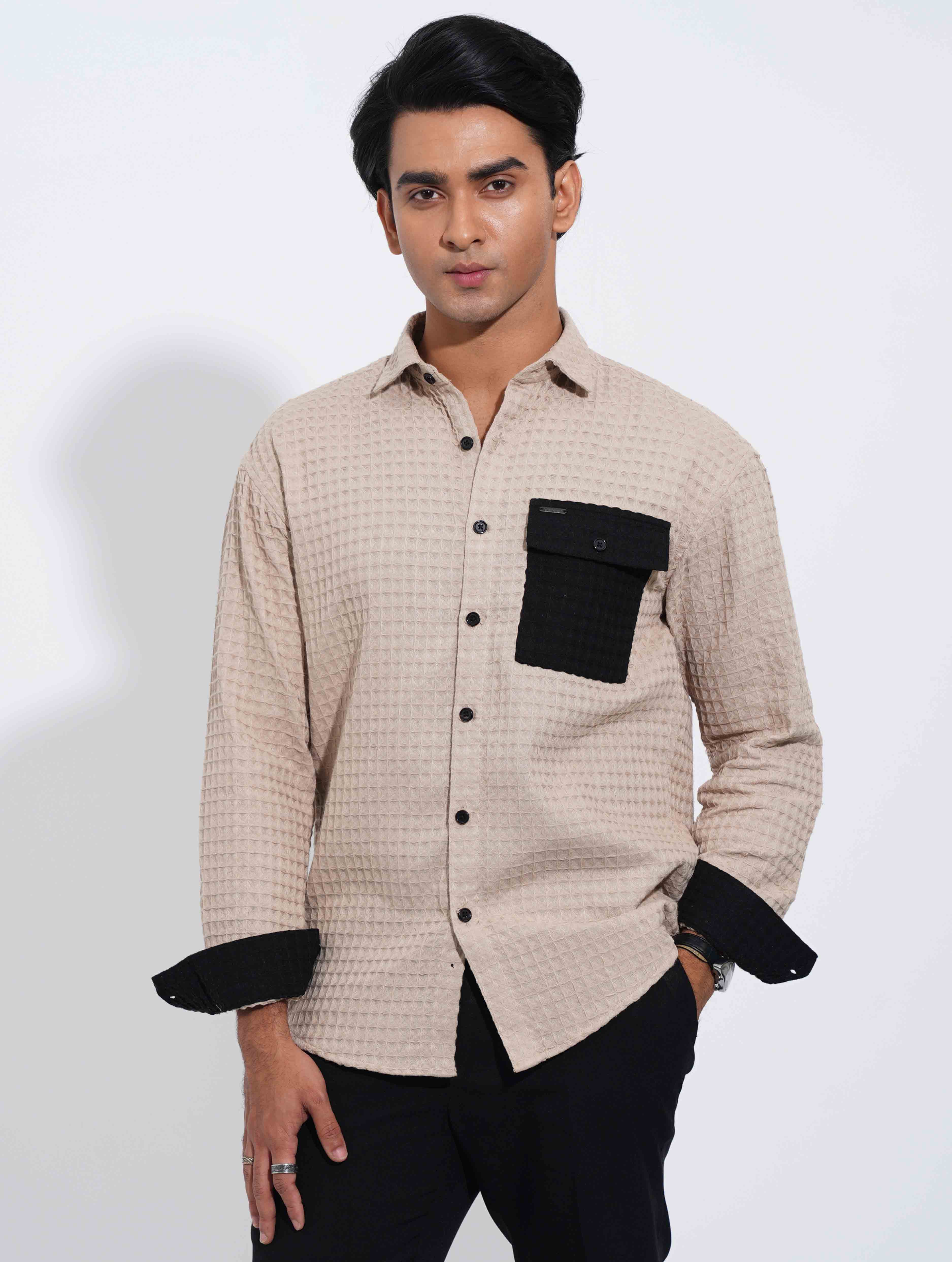 Light beige - Black Hand and pocket Contrast Waffle Fabric Full Sleeve