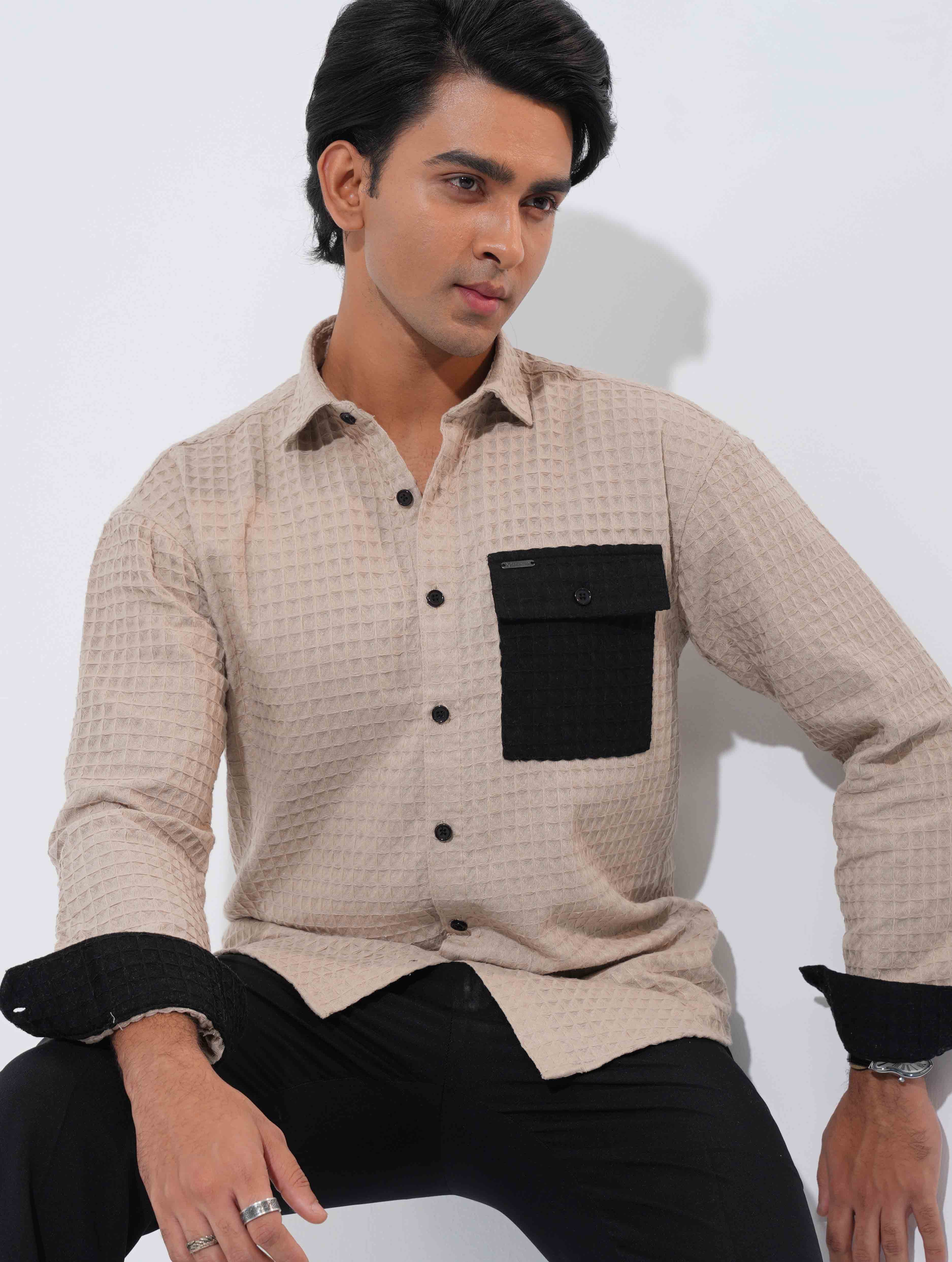 Light beige - Black Hand and pocket Contrast Waffle Fabric Full Sleeve