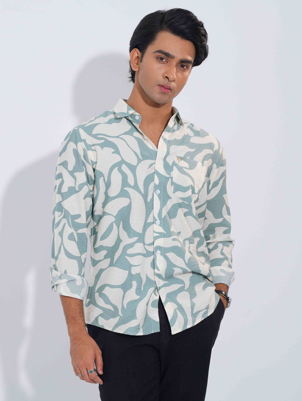 Pearl White - Green Abstract Printed Viscos Full sleeve