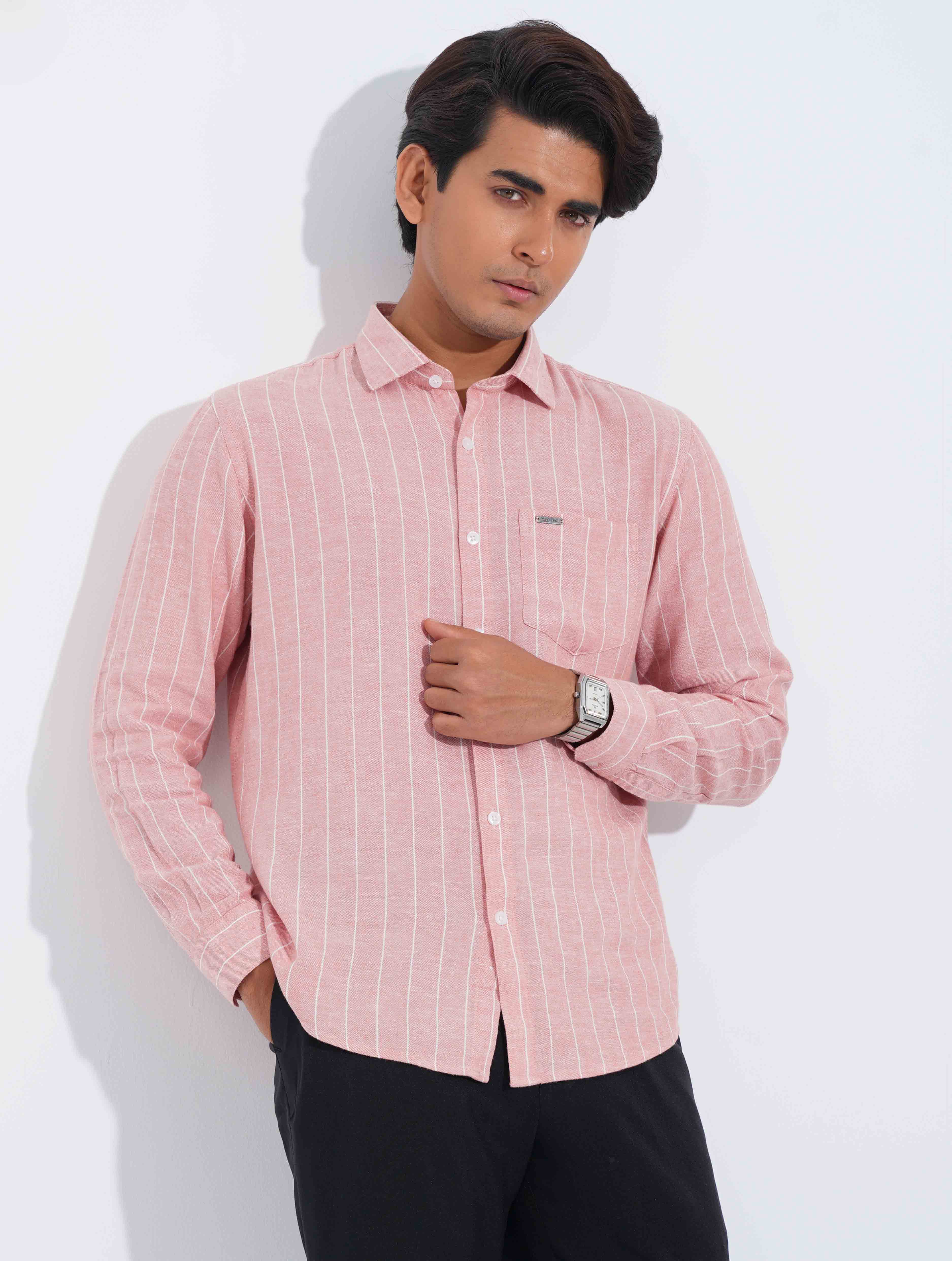 Baby Pink - White Stripe Point Collar Formal Shirt