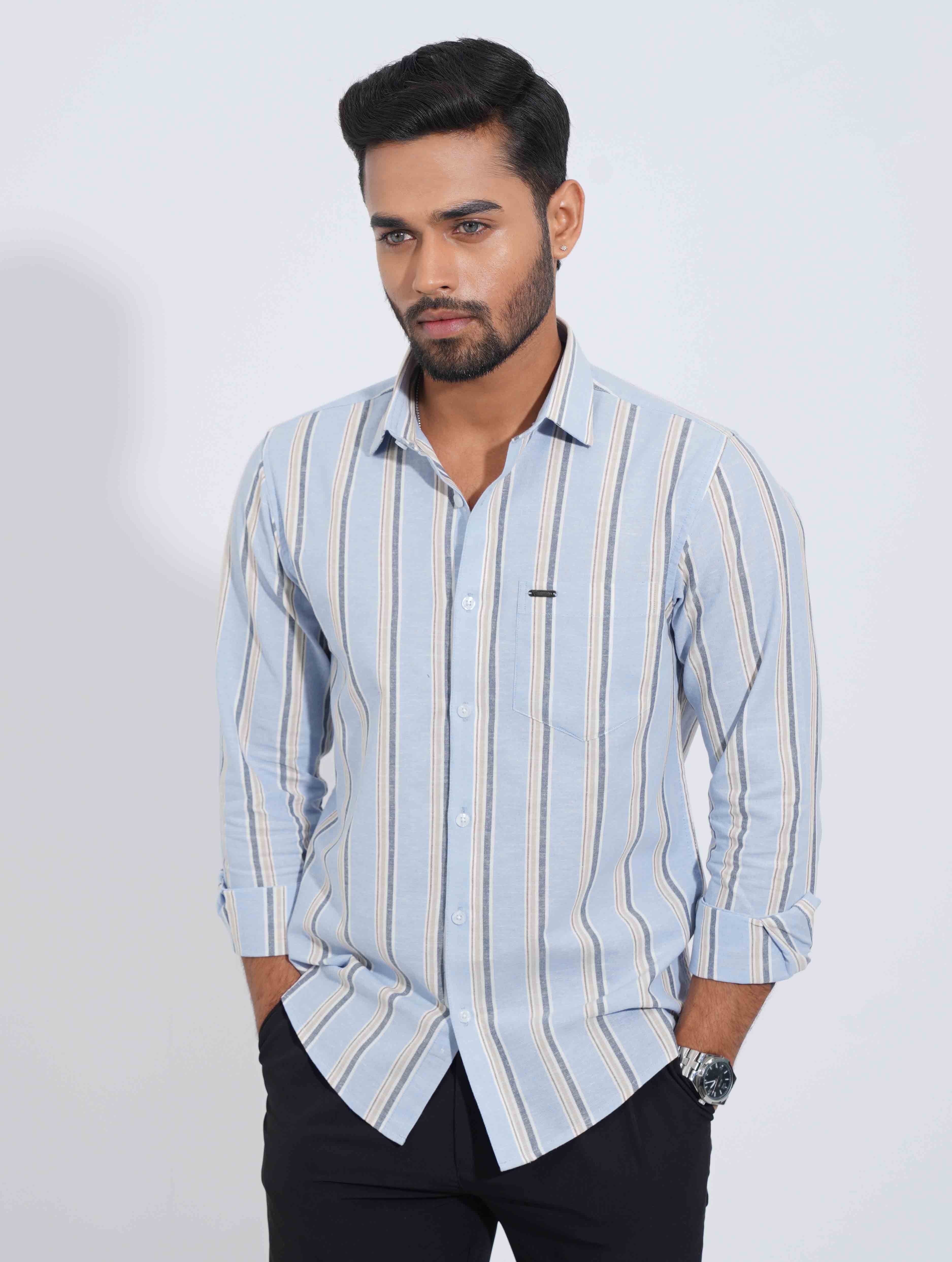 Sky Cream stripe remi cotton full sleeve