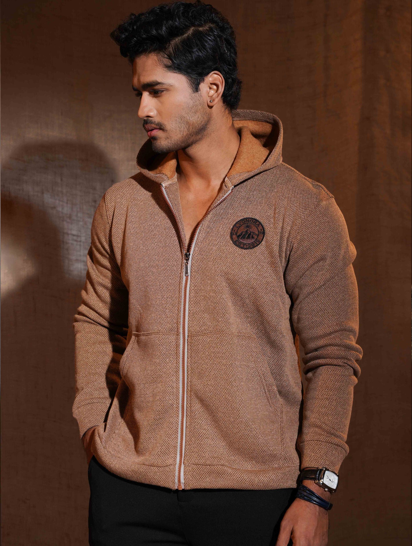 Bronze Orange Jacquard Knit Zipper Hoodie