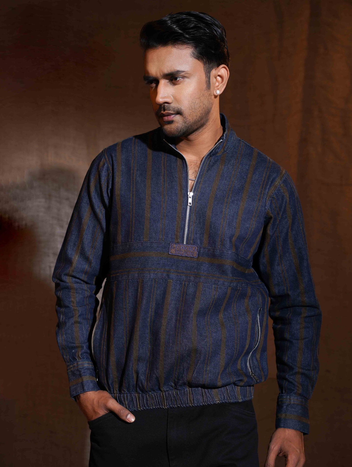 Blue Brown stripe denim half zipper jacket