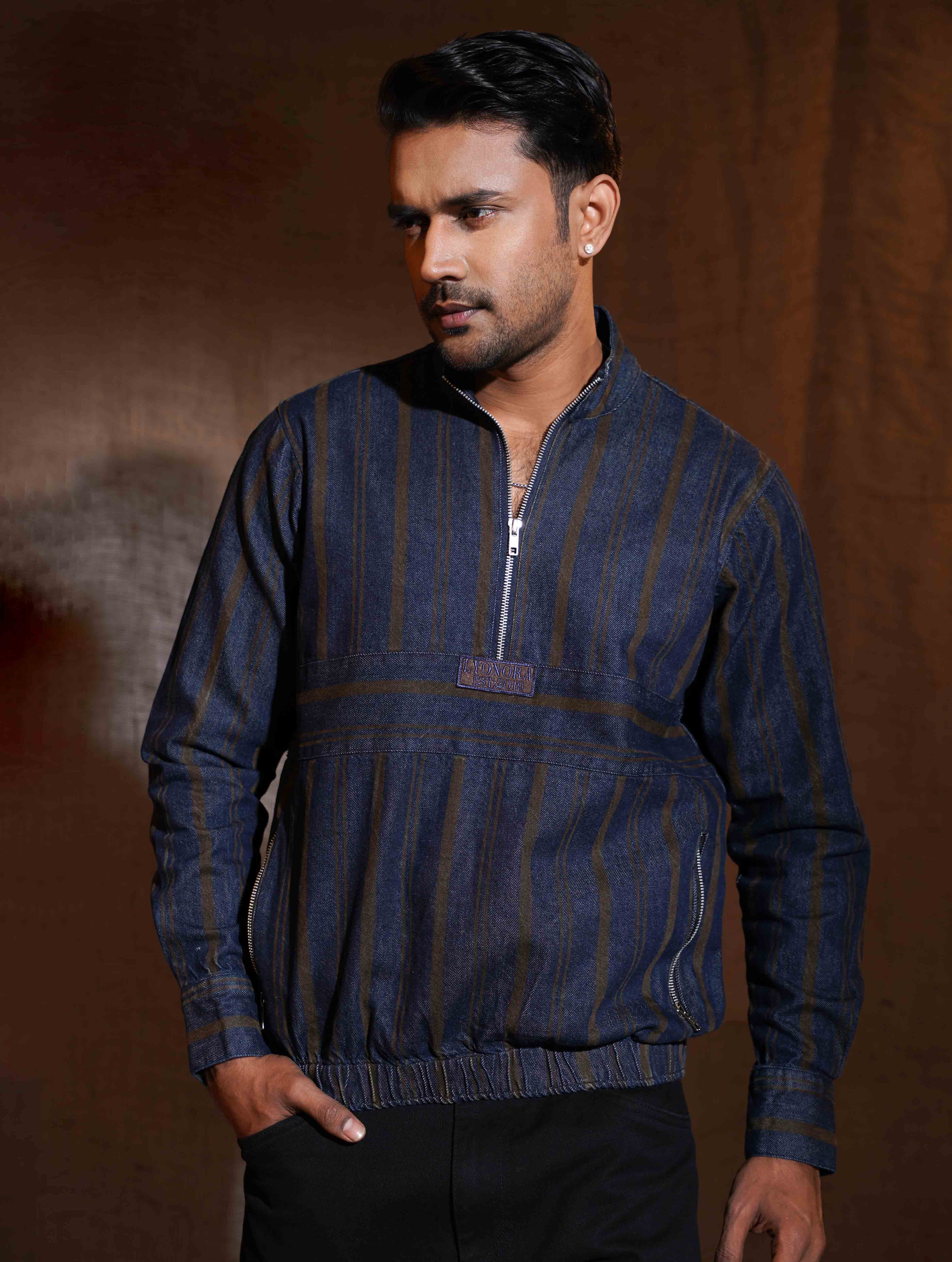 Blue Brown stripe denim half zipper jacket