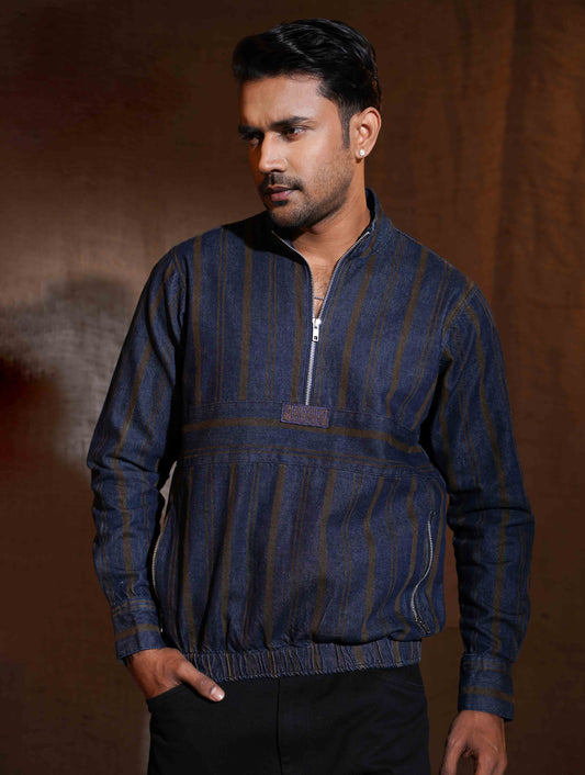 Blue Brown stripe denim half zipper jacket