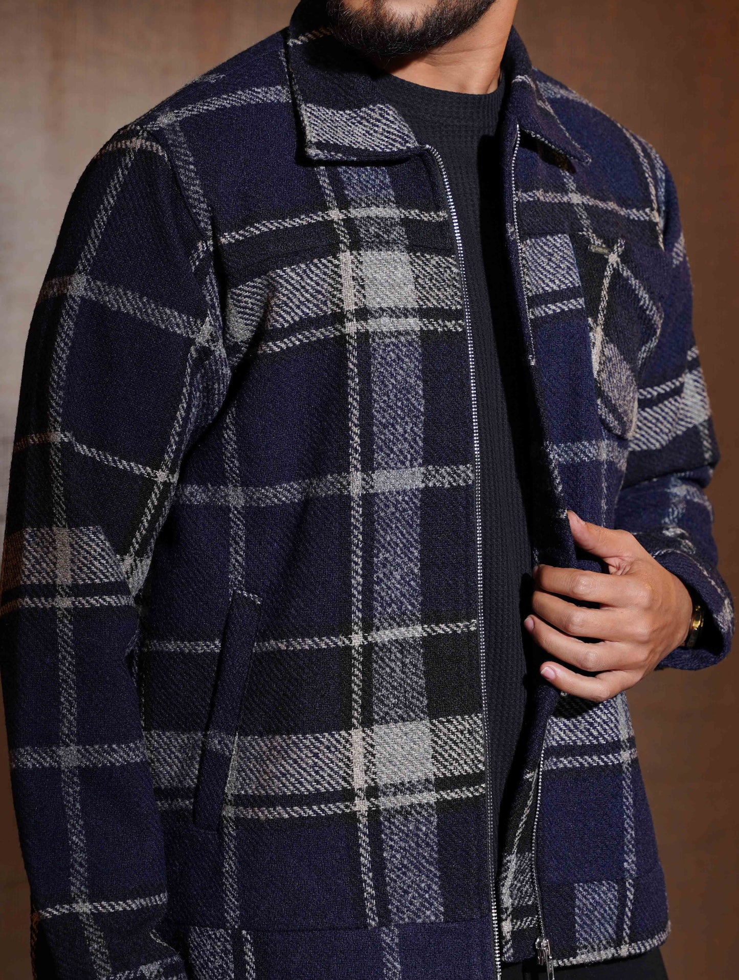Midnight Blue Cream Check flannel jacket