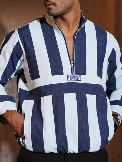Faded White Blue stripe half zipper jacket