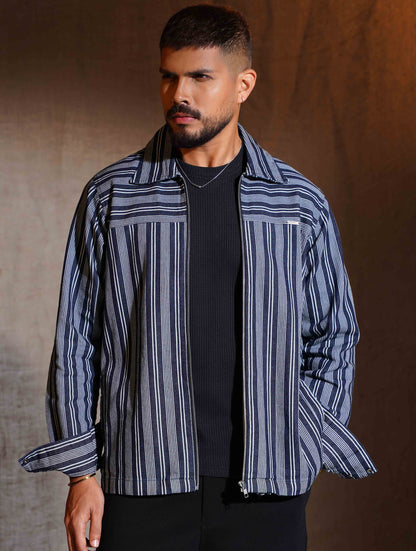 Blue stripe Shoulder Contrast zipper jacket