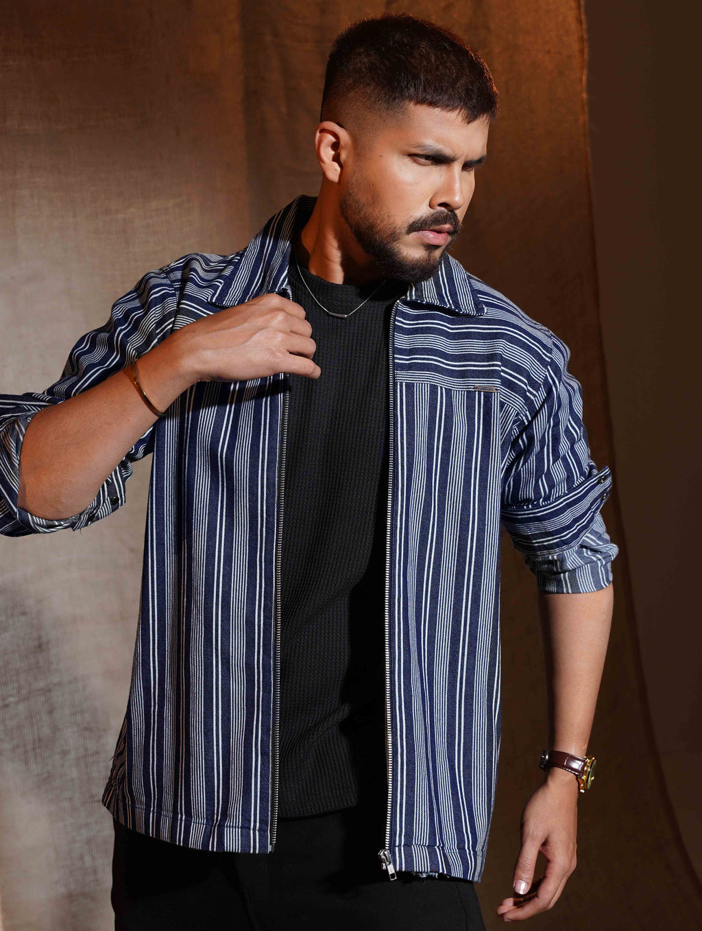 Blue stripe Shoulder Contrast zipper jacket