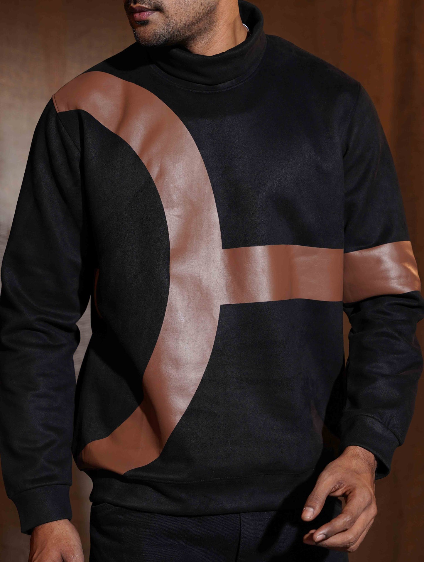 Liquorice Black - Brown Suede leather High Neck Sweat Shirt