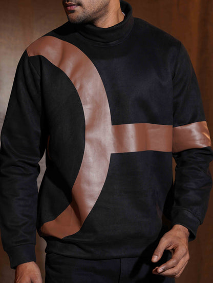 Liquorice Black - Brown Suede leather High Neck Sweat Shirt