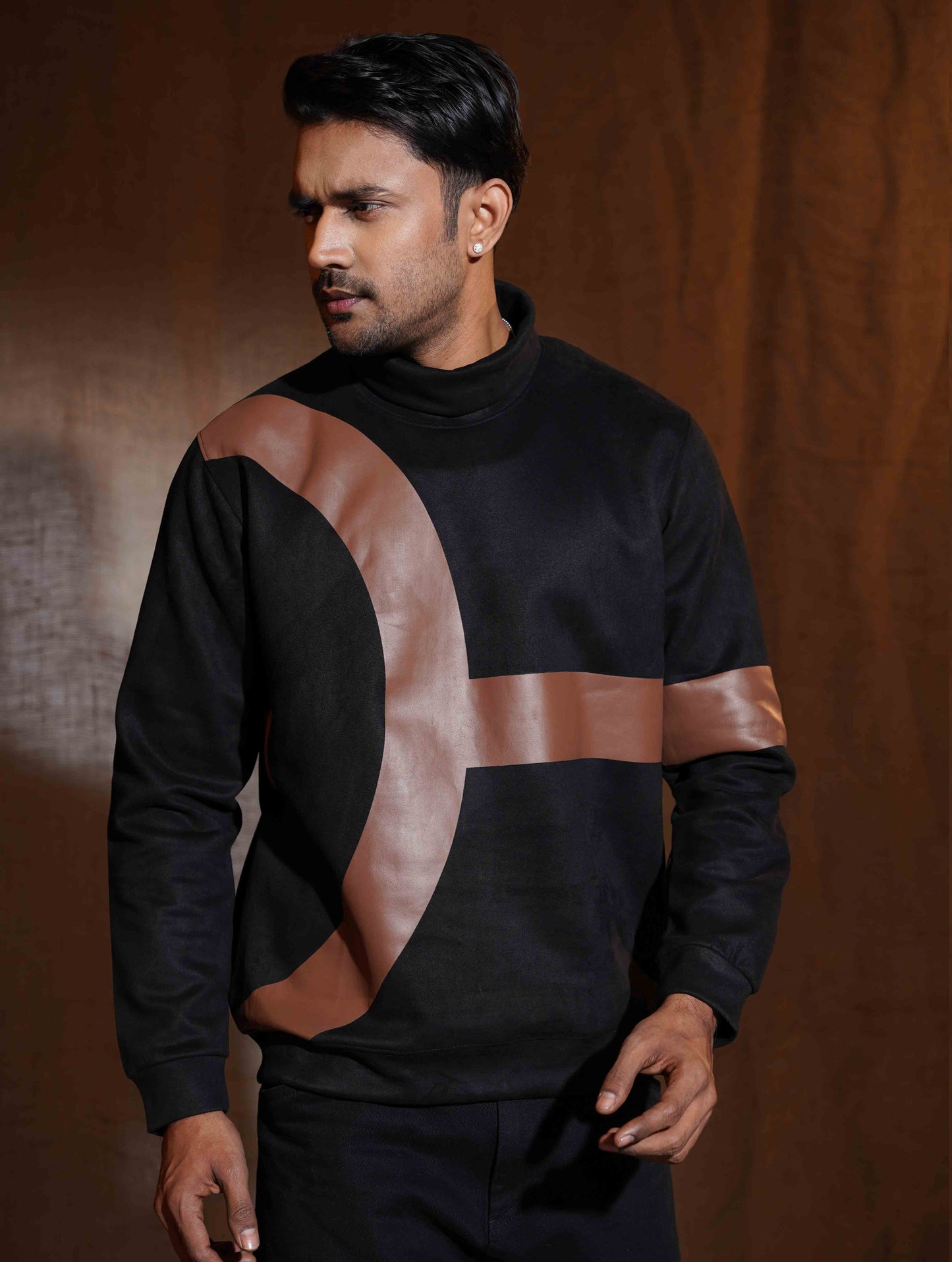 Liquorice Black - Brown Suede leather High Neck Sweat Shirt
