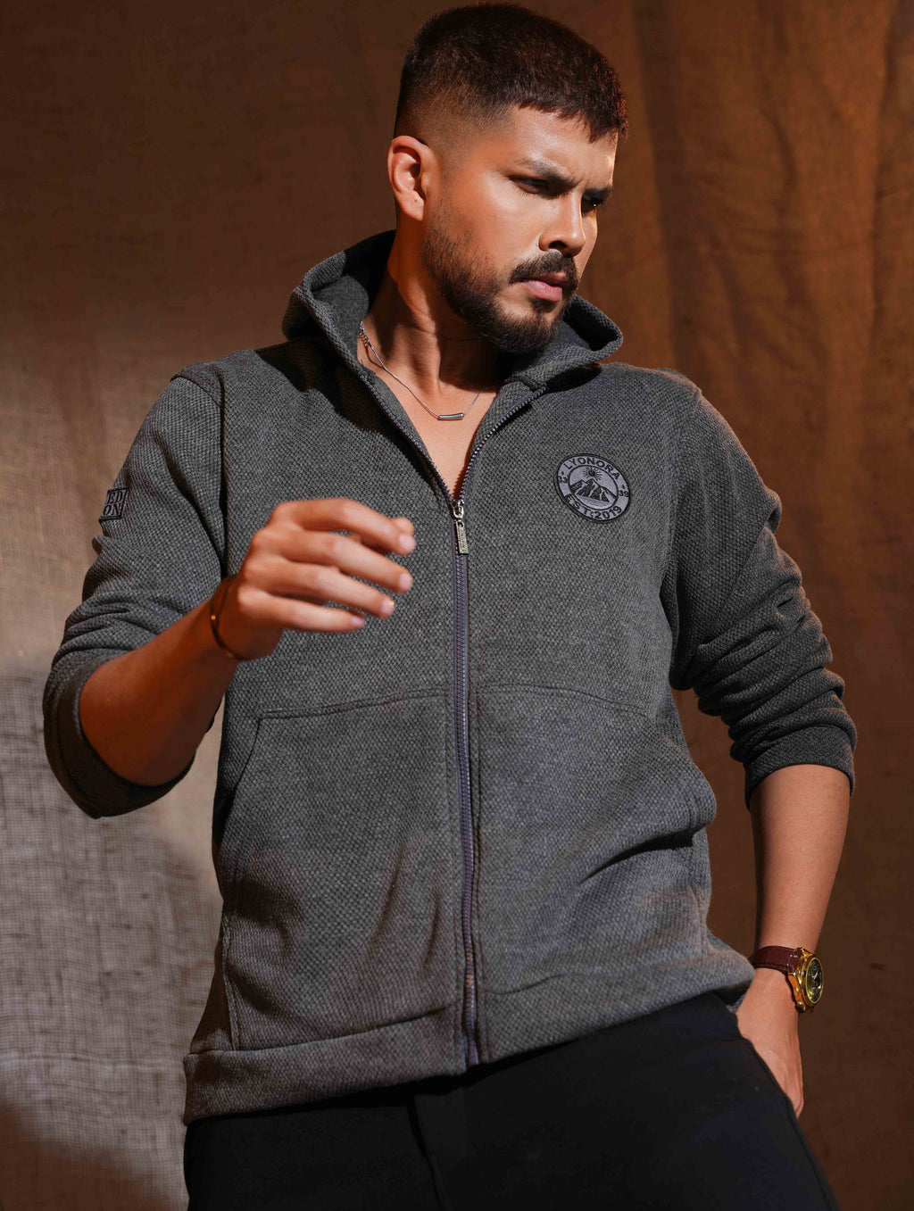 Iron Gray Jacquard Knit Zipper Hoodie