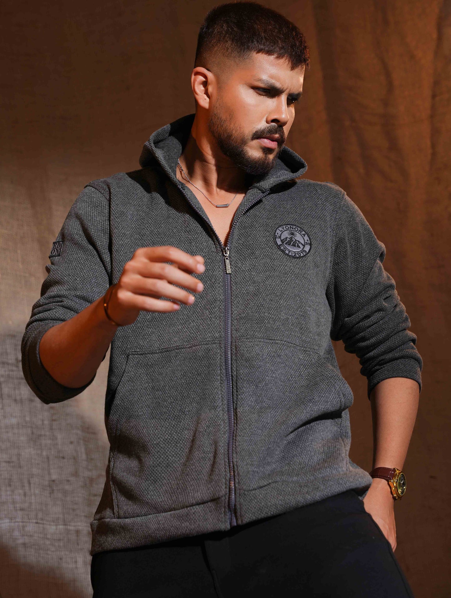 Iron Gray Jacquard Knit Zipper Hoodie