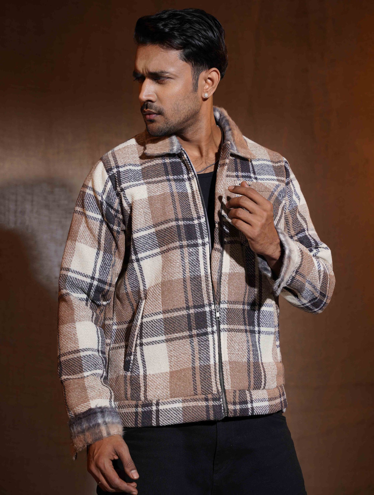 Desert Brown - Cream Check flannel jacket