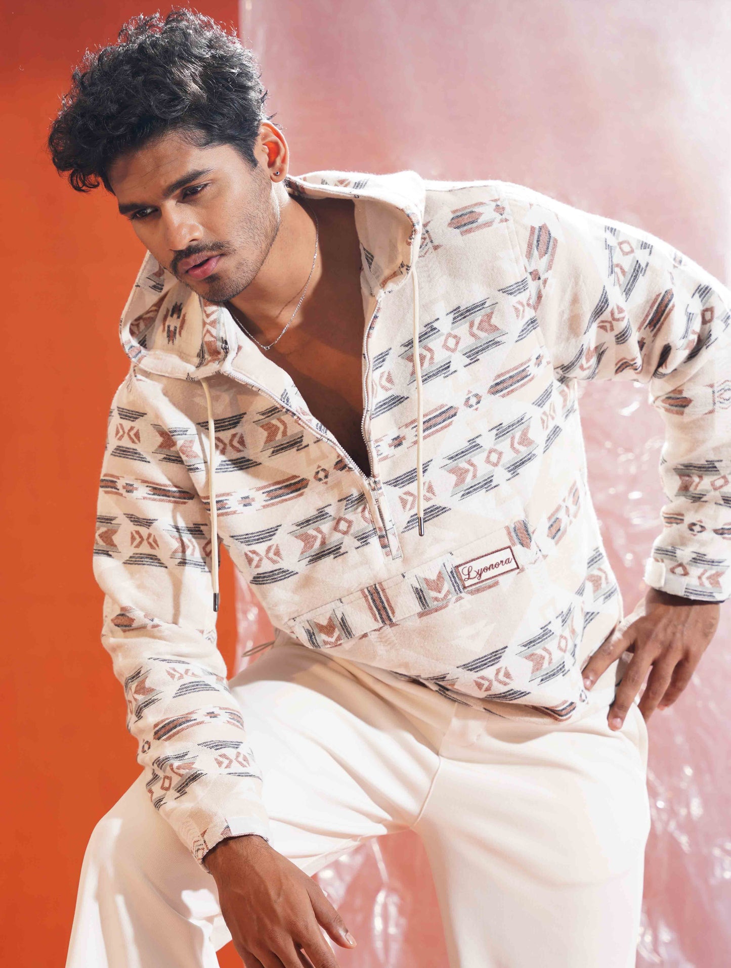 Cream Vintage Printed half zipper hoodie