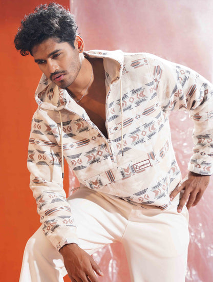 Cream Vintage Printed half zipper hoodie