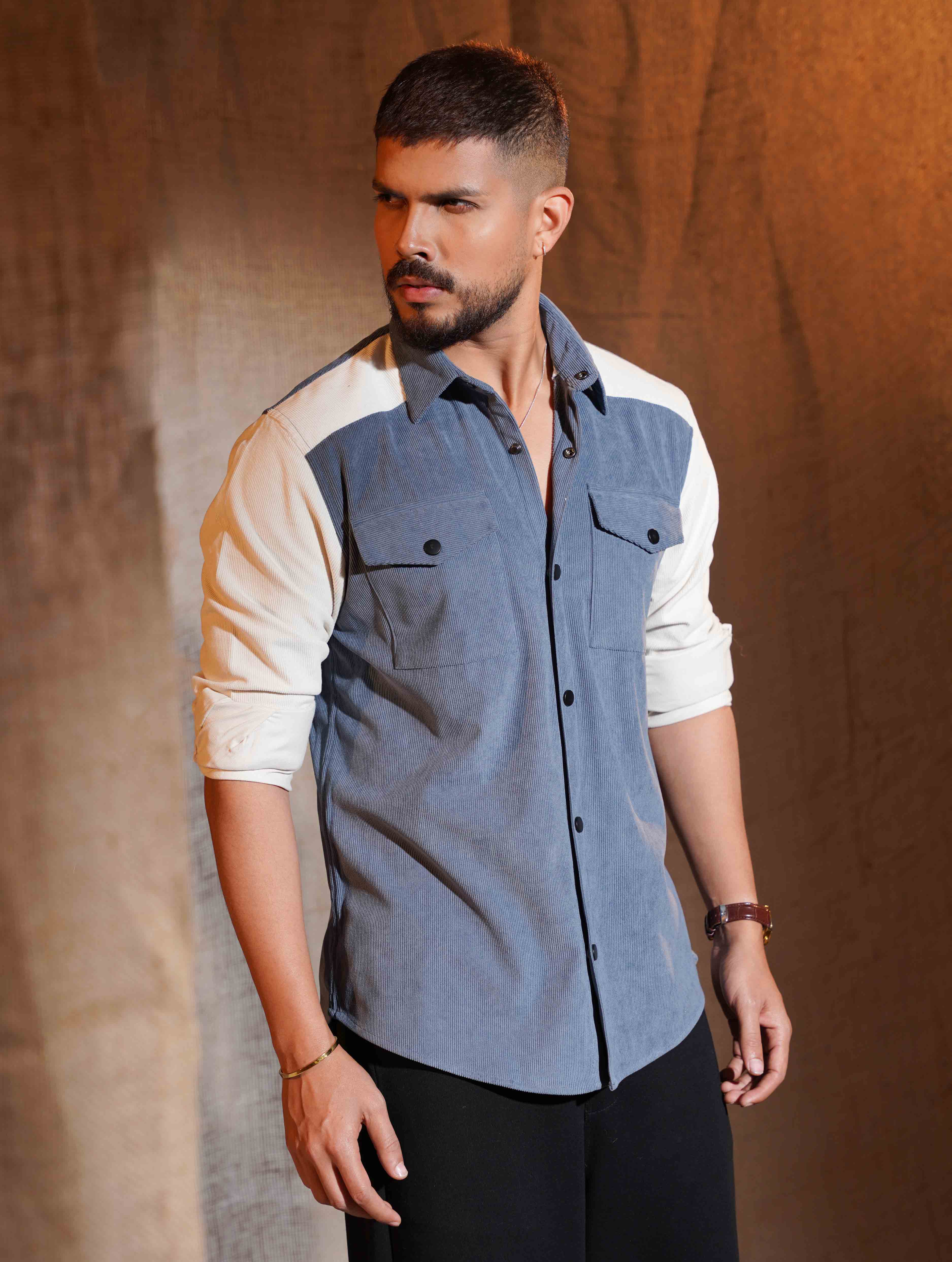 Sky blue Cream Contrast Premium Cord Shirt