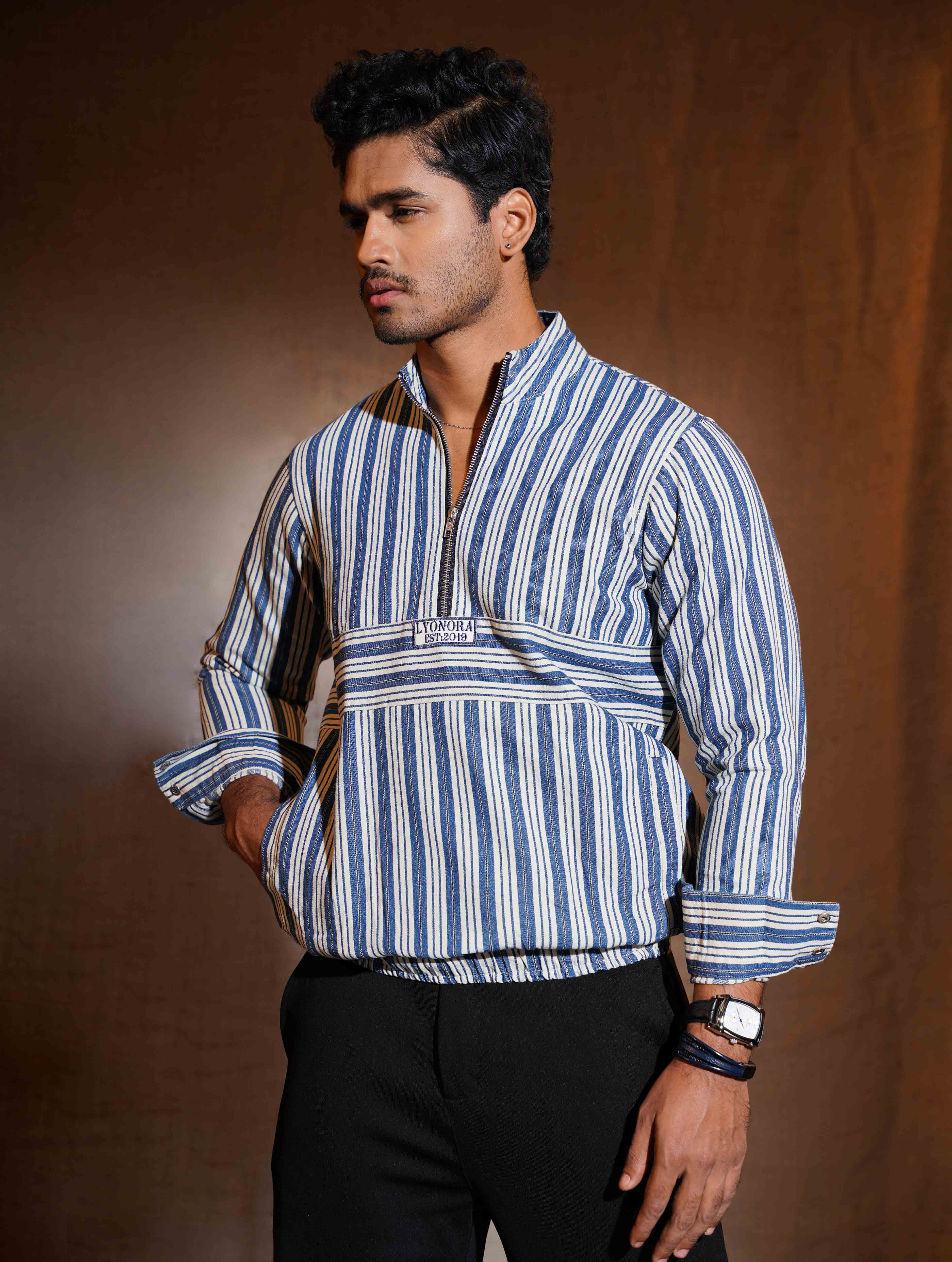 White double stripe  Blue half zipper jacket