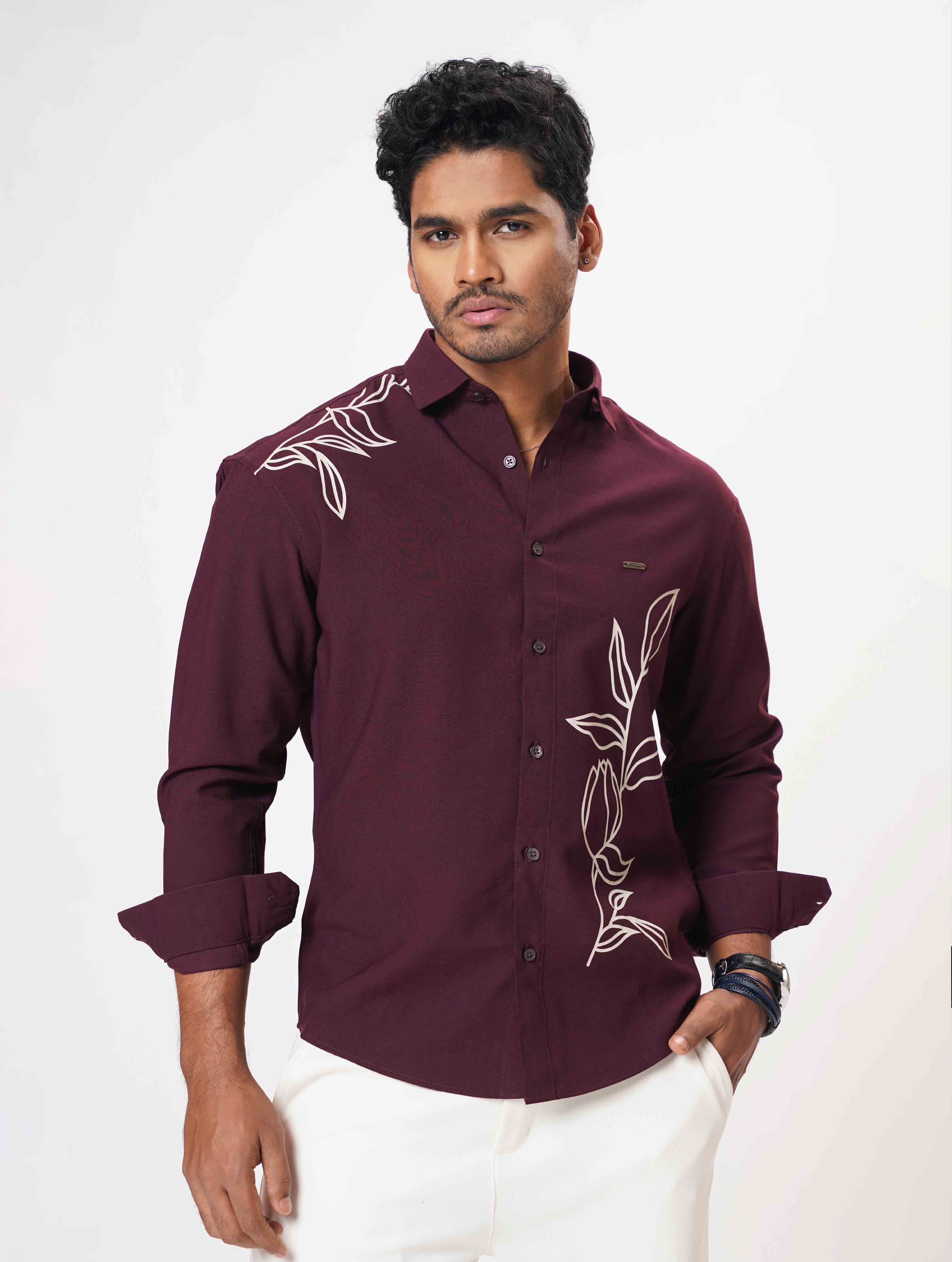 Deep Maroon Cream Flower print full Sleeve Shirt