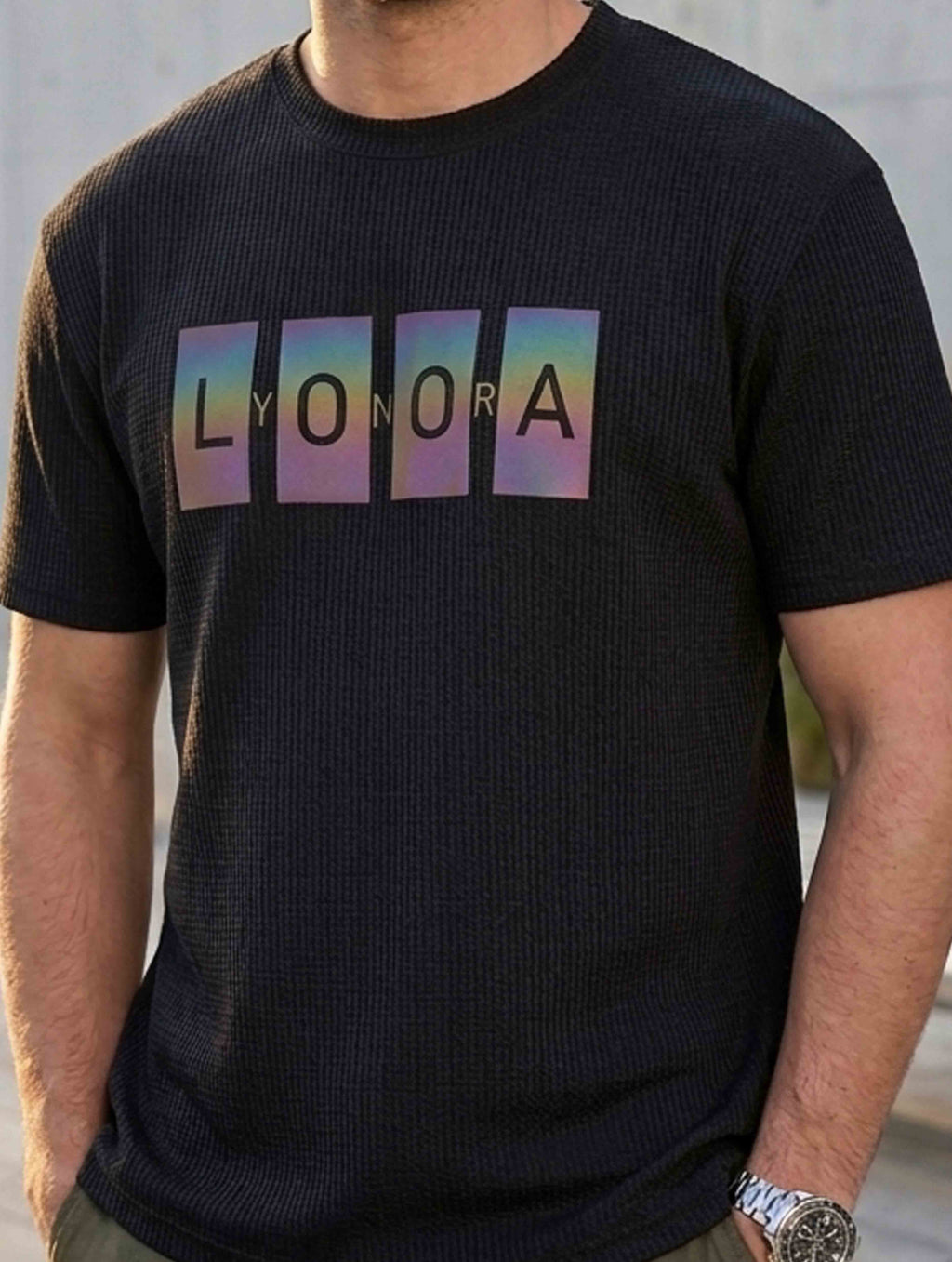 Black LYONORA Waffle Fabric Semi Drop T-shirt