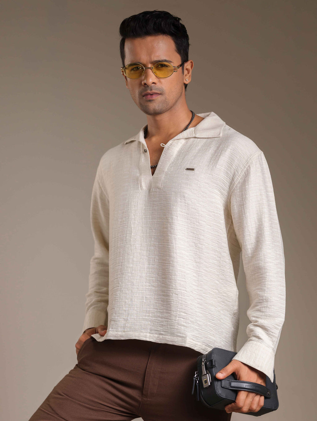 Cream Viscos Texture Full sleeve Kurta
