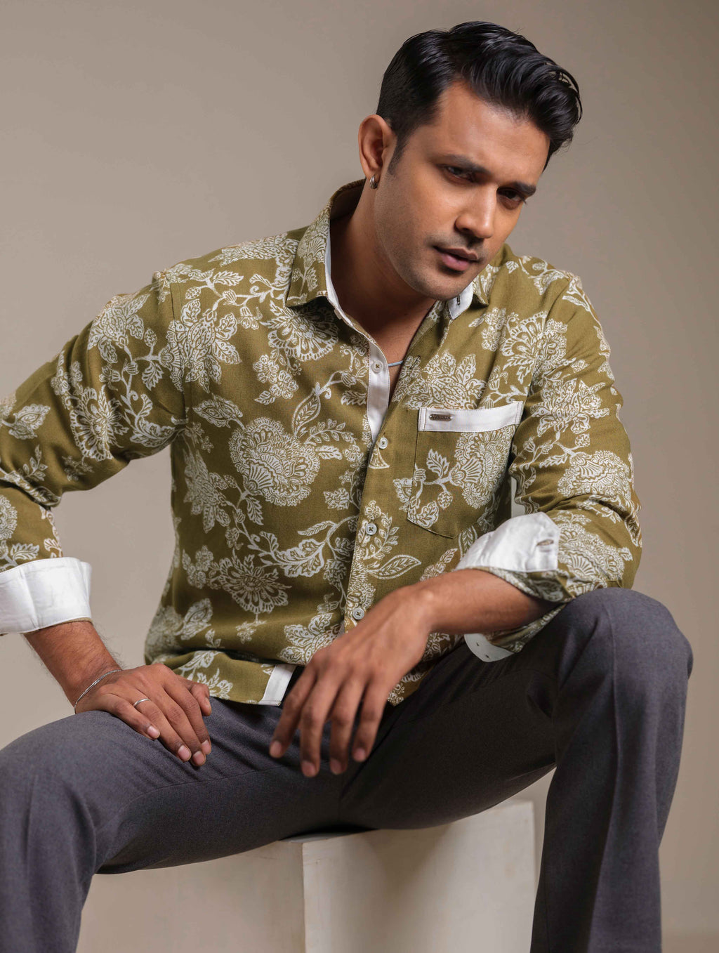 Olive printed casual shirt