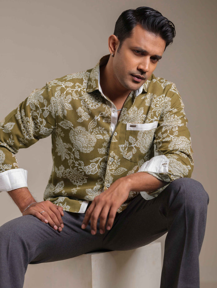 Olive White Flower printed Casual Shirt