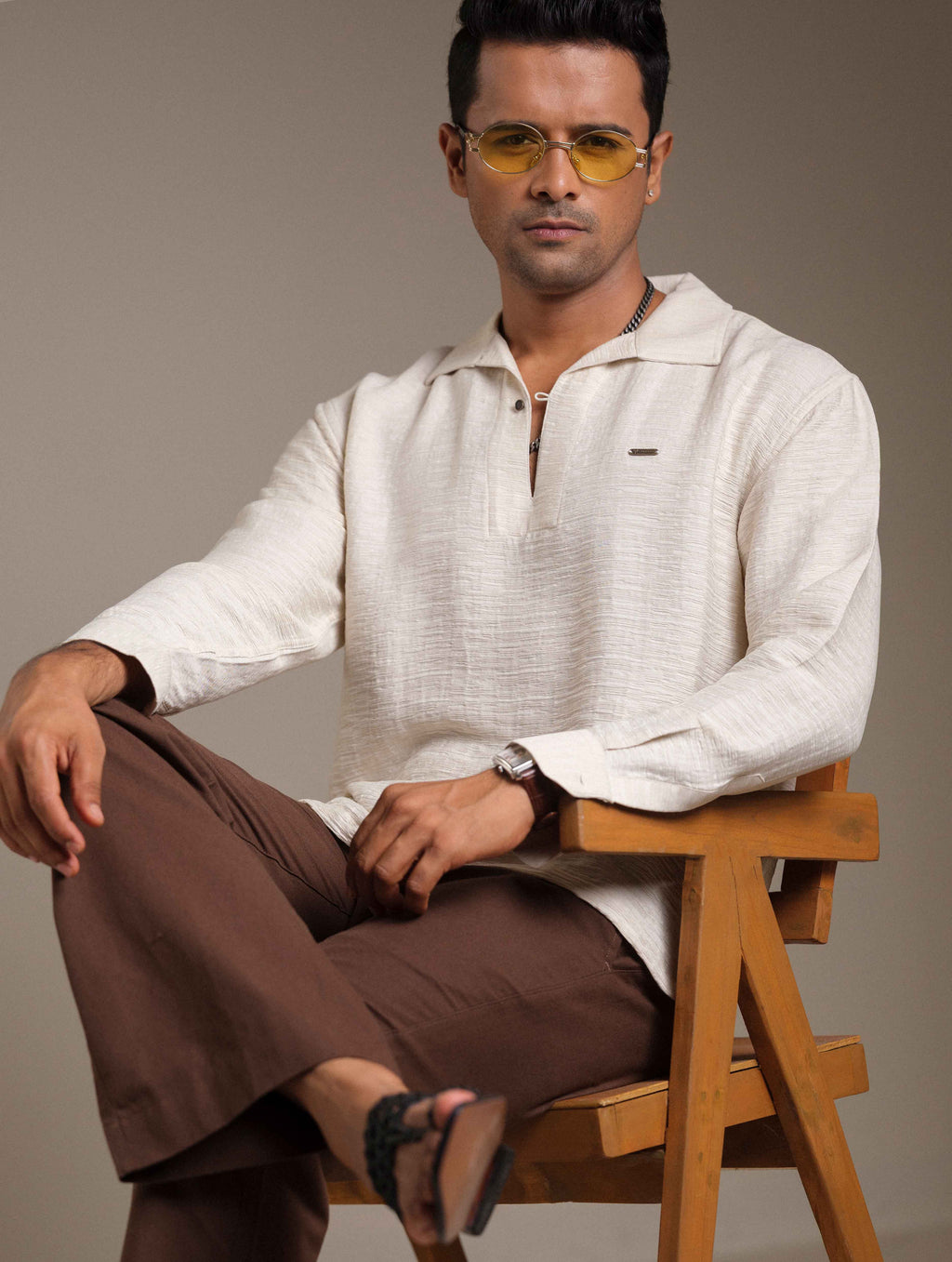 Cream Viscos Texture Full sleeve Kurta