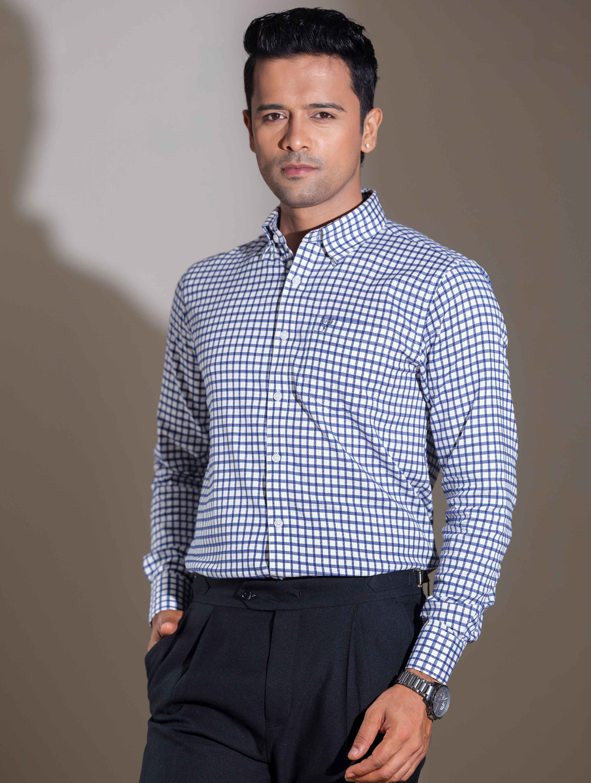 Blue and White Check Printed Full Sleeve Shirt