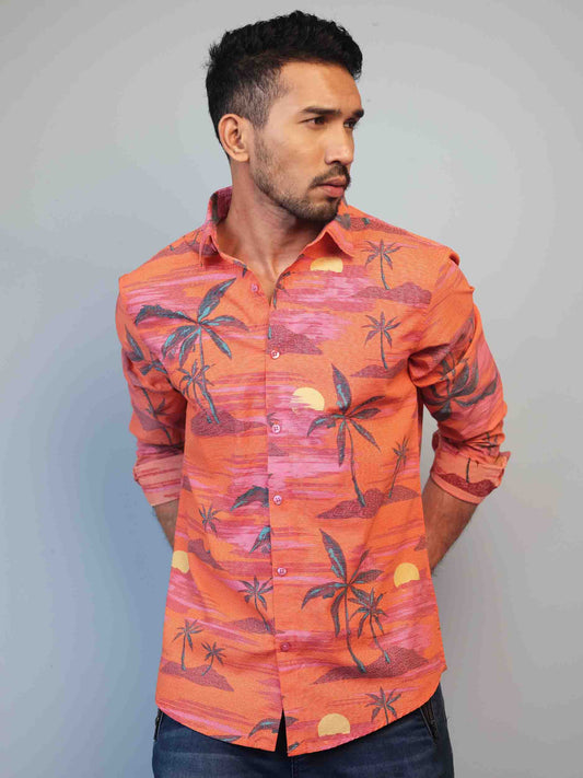 Orange Coconut Tree Printed Cotton full sleeve Shirt