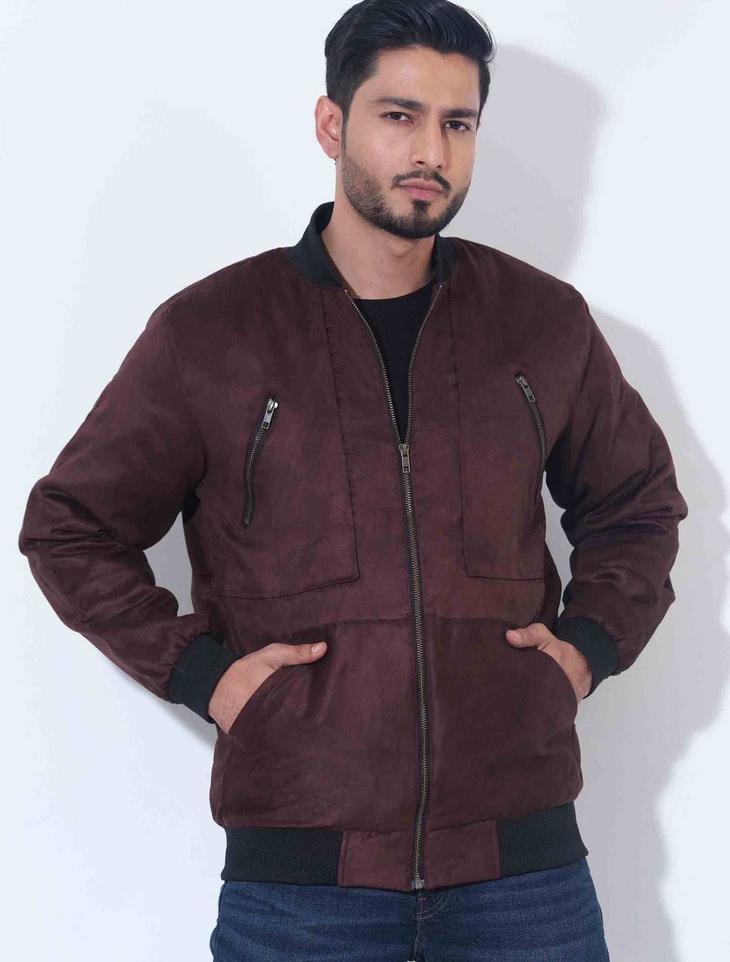 Coffee zipper contrast suede leather jacket