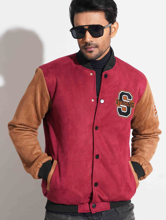 Maroon suede leather varsity jacket