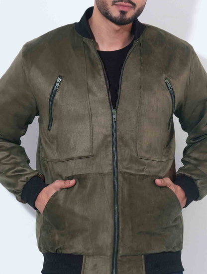 Olive zipper contrast suede leather jacket