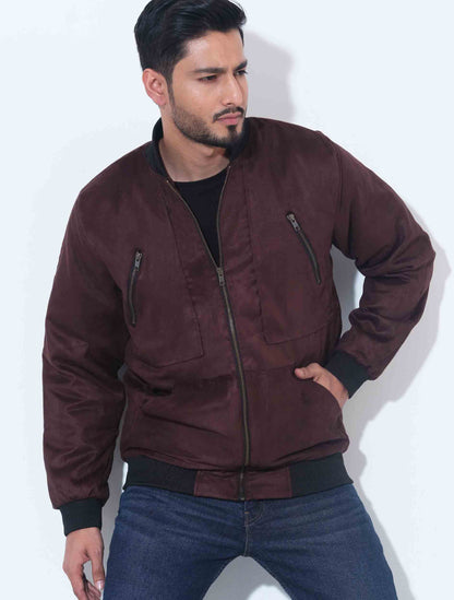 Coffee zipper contrast suede leather jacket