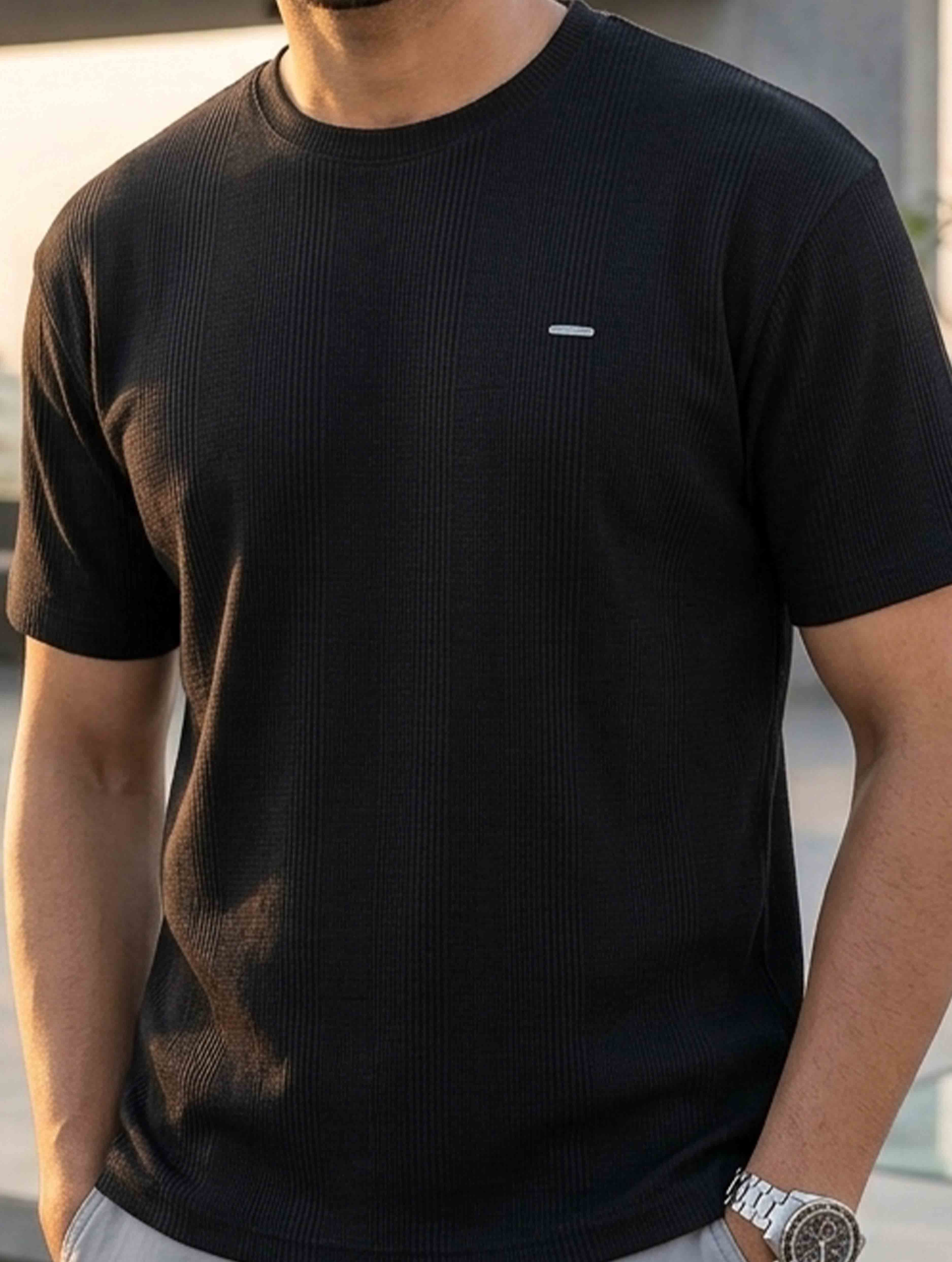 Black Solid Texture Waffle Fabric Semi Drop T-shirt