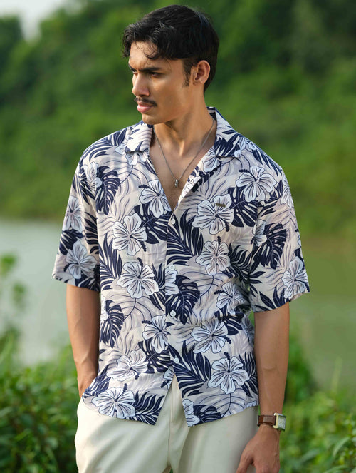 Beige-deep blue floral printed havana shirt