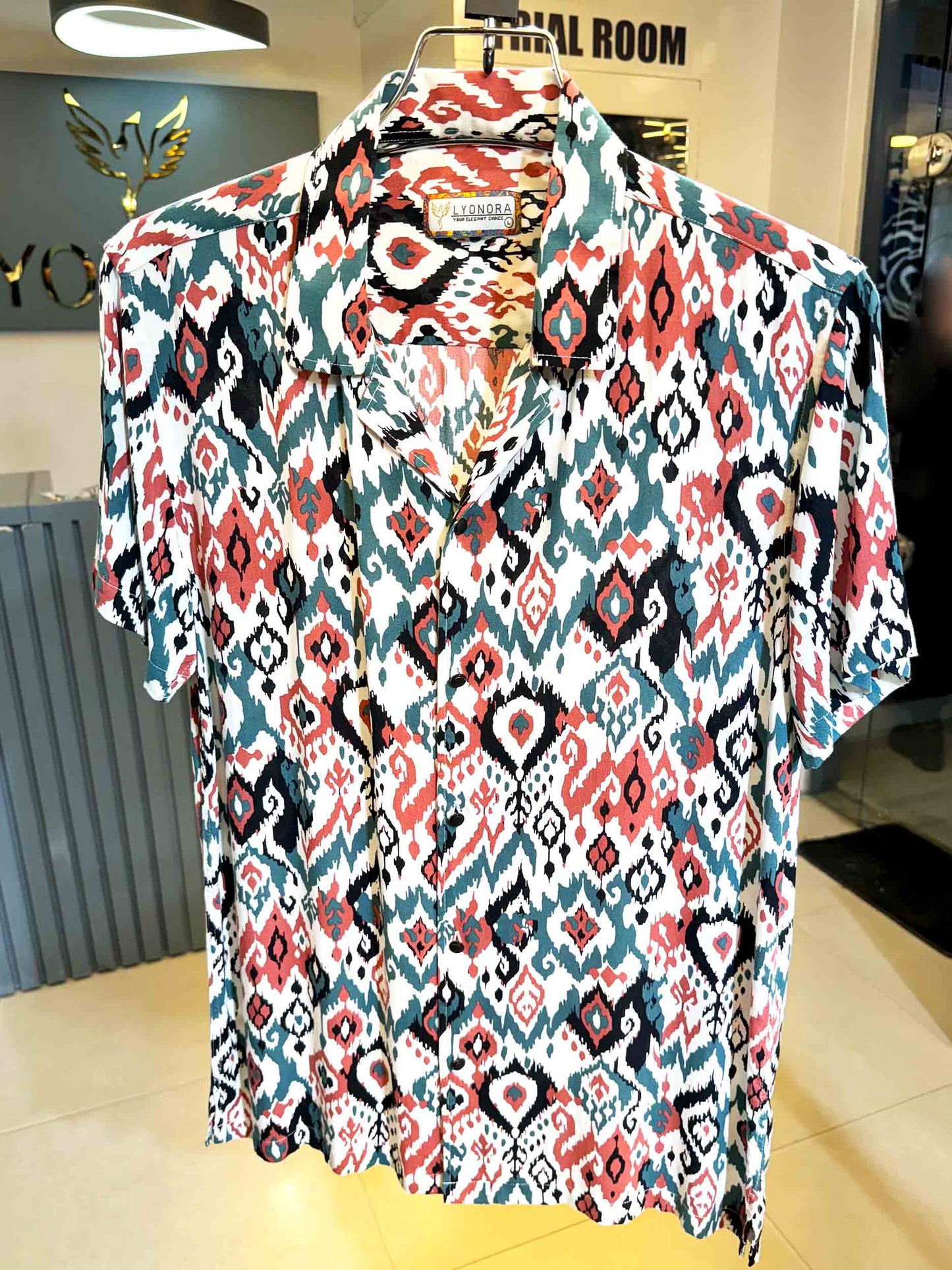 White-pink green pentagonal cube printed havana shirt