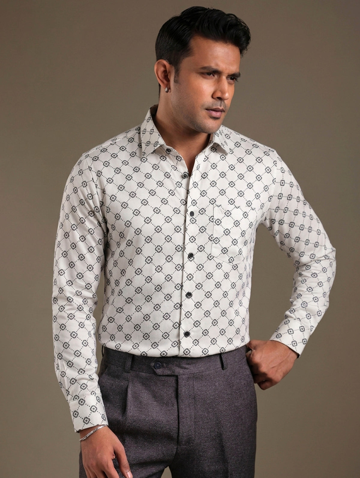 Cream Black cross printed Royal Silk shirt