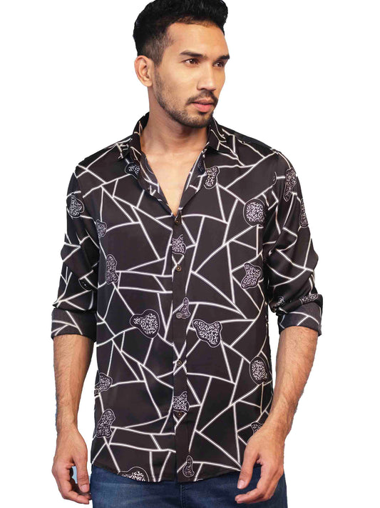 Black and white cube printed royal silk full sleeve shirt