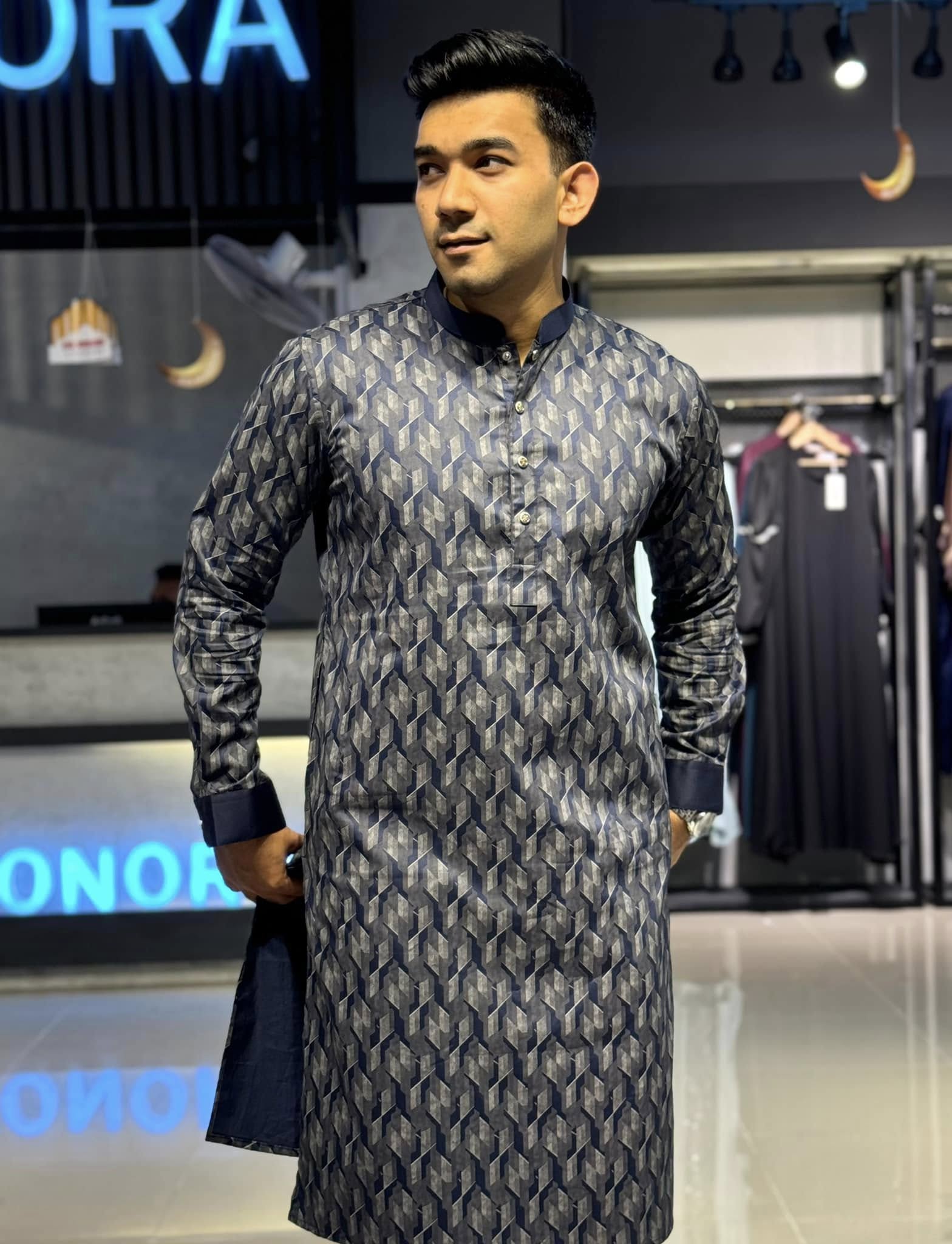 Midnight blue 3D abstract Printed Premium panjabi