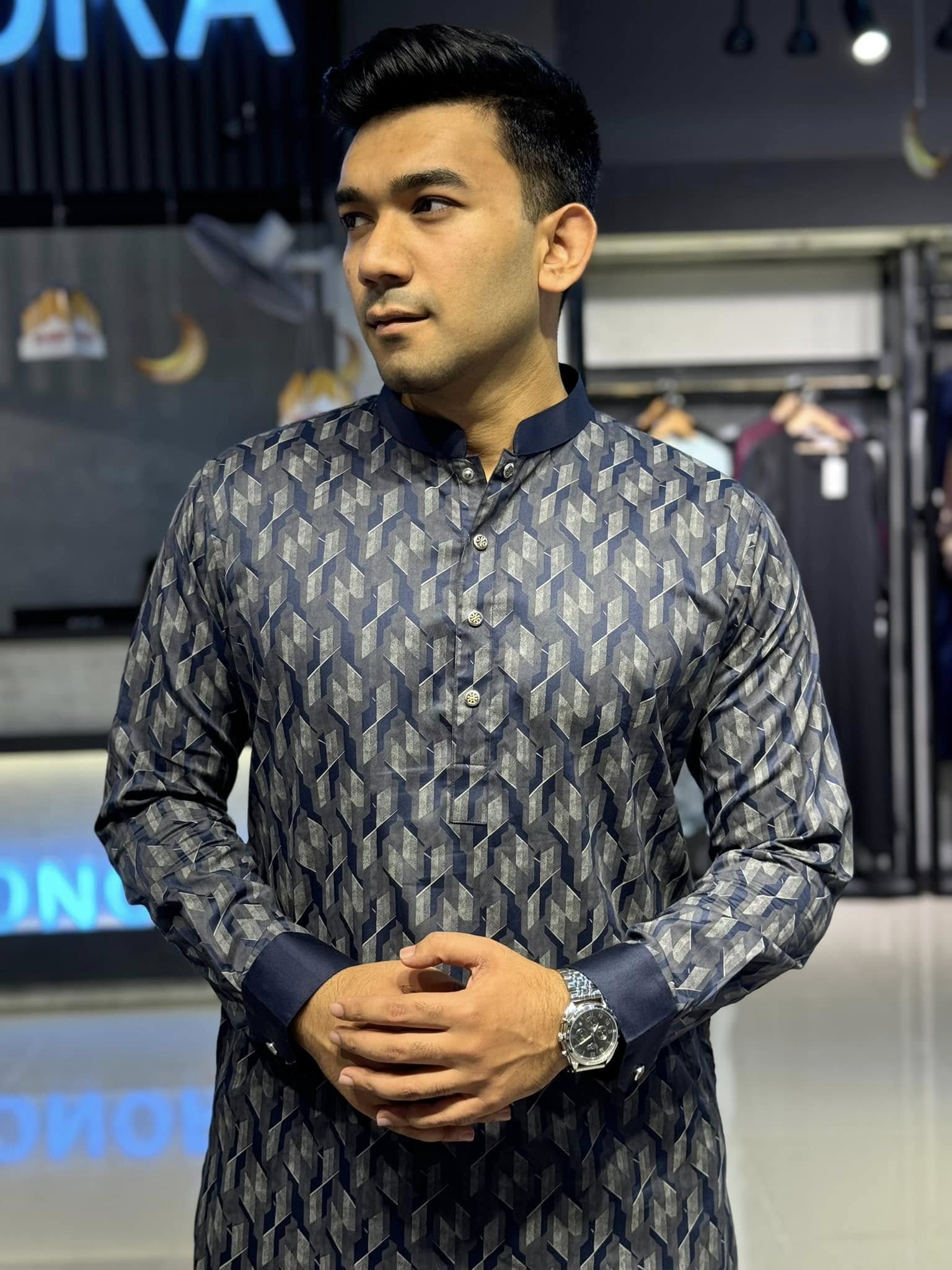 Midnight blue 3D abstract Printed Premium panjabi