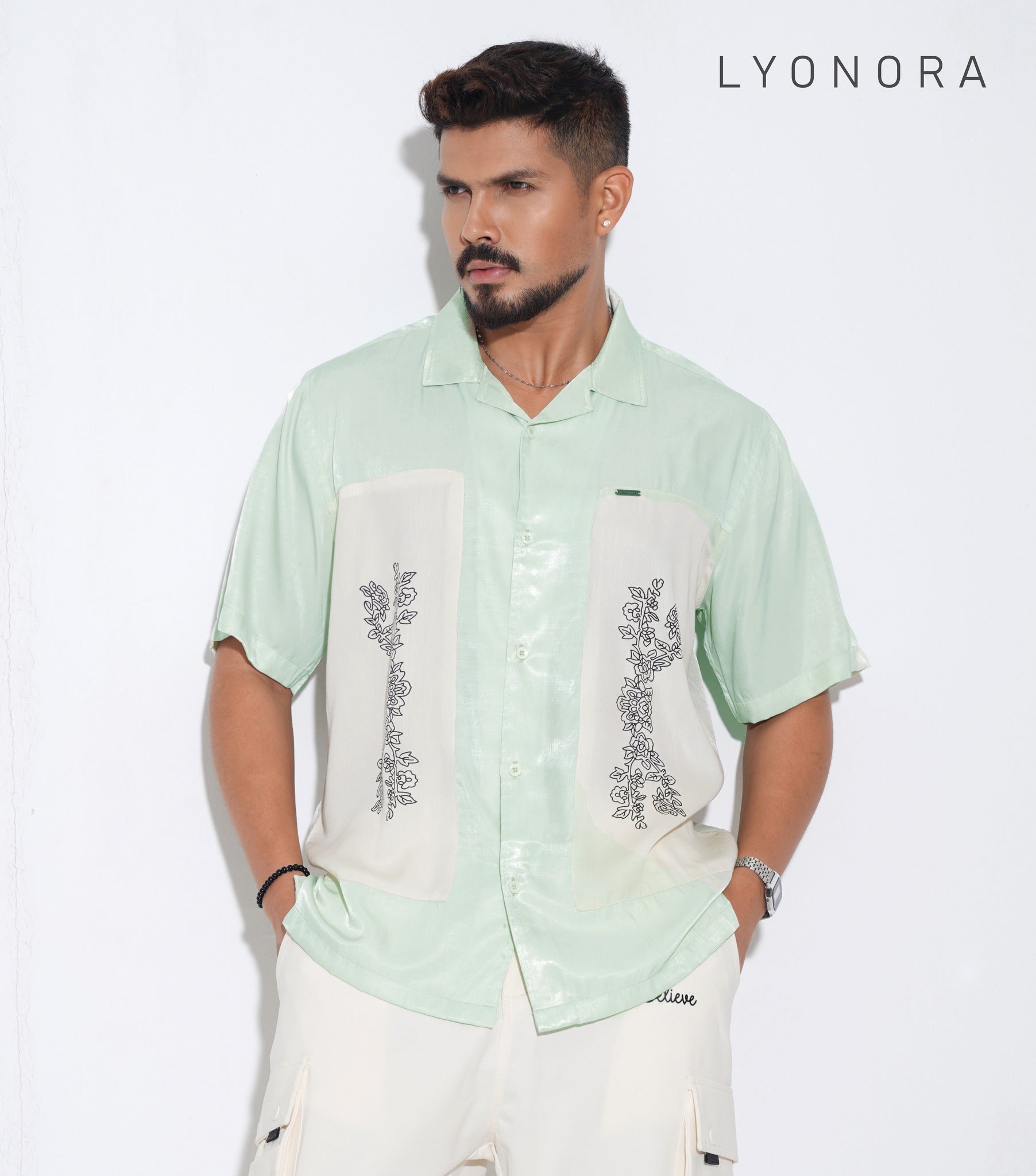 Paste color cream embroidey design premium havana shirt