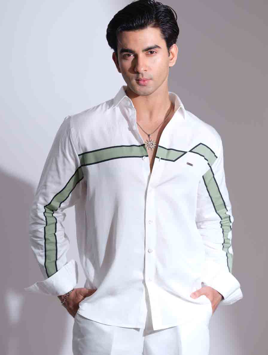 White - Green Chest Stripe Printed Full Sleeve Shirt